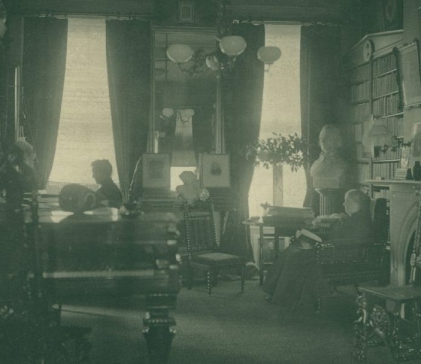 Annie Adams Fields in her Charles Street home's library with companion Sarah Orne Jewett, 1922