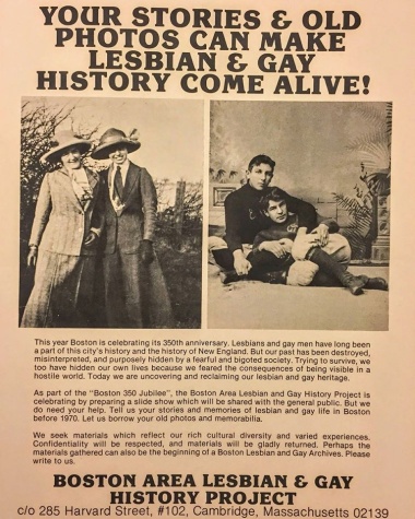 Flyer from 1980 announcing the beginning of a Boston Lesbian and Gay Archives.