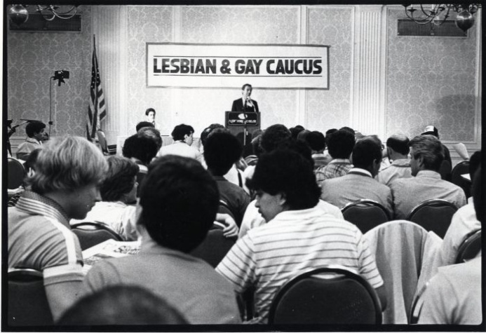 Tom Barstow address the Gay and Lesbian Caucus, 1980, Gay Community News Photograph Collection