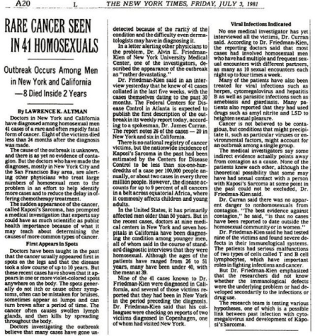 "Rare Cancer Seen in 41 Homosexuals," New York Times, July 3, 1981.