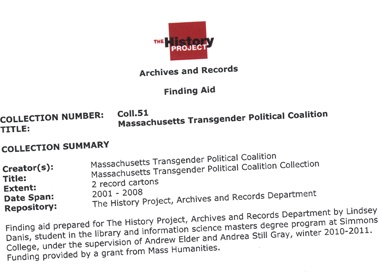 A scan of the Finding Aid for Mass. Transgender Political Coalition 