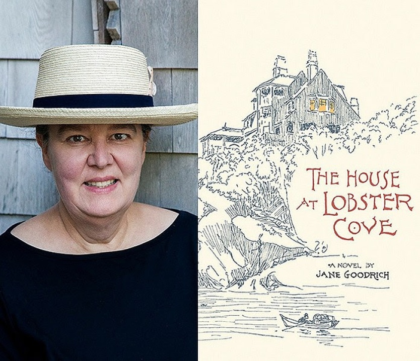 Photograph of author, Jane Goodrich, and the cover of her book The House at Lobster Cove.