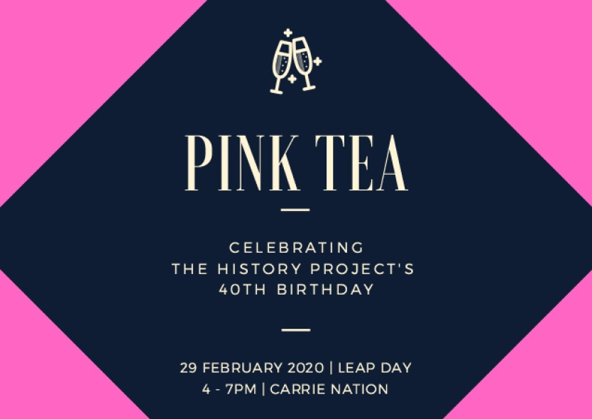 Pink Tea invitation, all text on black and pink background