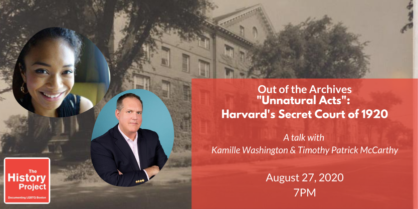 Flyer for this event shows Perkins Hall at Harvard University (circa 1950) and headshots for event speakers Kamille Washington and Timothy Patrick McCarthy.