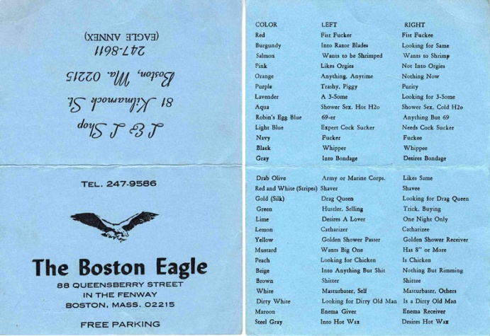 Hanky code card printed by The Boston Eagle, before The Eagle moved to it's current location in Boston's South End neighborhood.